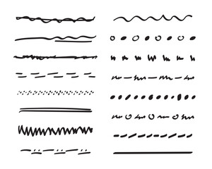 Obraz premium Underlines hand-drawn set. Handwriten dividers, separators, borders, collection of doodle style various art accentuation elements for text decoration. Isolated. Vector illustration