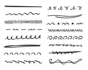 Obraz premium Underlines hand-drawn set. Handwriten dividers, separators, borders, collection of doodle style various art accentuation elements for text decoration. Isolated. Vector illustration