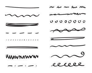 Underlines hand-drawn set. Handwriten dividers, separators, borders, collection of doodle style various art accentuation elements for text decoration. Isolated. Vector illustration