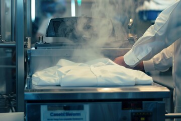 Professional Dry Cleaner Perfectly Pressing Dress Shirt with Industrial Steaming Machine