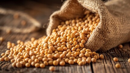Soybeans spilling from a sack onto wooden surface, rustic setting, closeup