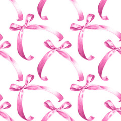 Seamless pattern of watercolor pink gift bow, silk ribbon. Hand drawn illustration bowtie. Painted bowknot elements on white background. For print decoration, fabric, wrapping, wallpaper, card
