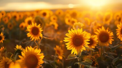 Obraz premium Golden Sunflower Field at Sunset With Warm Sunlight