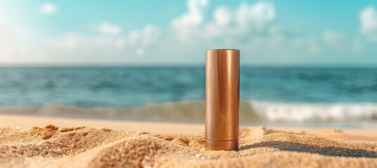 Elegant Tanning Cream Bottle on Sandy Beach with Ocean Background - Ideal for Summer Vacation Themes