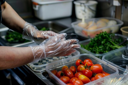 Safe Food Handling with Disposable Gloves in a Well-Organized Professional Kitchen - Powered by Adobe