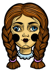 squint cockeyed puppet doll head color sketch engraving PNG illustration. T-shirt apparel print design. Scratch board imitation. Black and white hand drawn image.