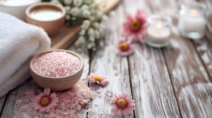A tranquil spa setup with pink Himalayan salt in a wooden bowl, white towels, fresh flowers, and candles on a rustic wooden surface.