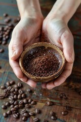 Hands Holding Organic Coffee Scrub in Handmade Bowl on Rustic Wooden Table with Coffee Beans