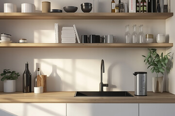 A kitchen with white cabinets and a wooden countertop, open shelves on the wall, a black sink in one of them, some books, a water bottle, a coffee pot and other cooking accessories on the countertop