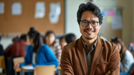 Fototapeta premium Mature male teacher with glasses smiling in a busy classroom setting