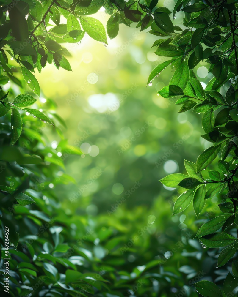 Wall mural A lush green foliage scene with sunlight filtering through leaves, creating a tranquil and serene natural frame for text. The vibrant greenery evokes a peaceful outdoor setting.