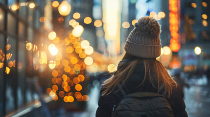 Obraz premium Woman in a warm hat gazes at luminous bokeh city lights on a winter evening