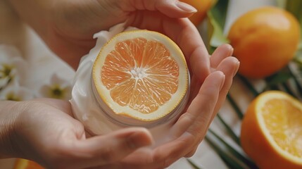 Hands Applying Refreshing Citrus-Scented Hand Cream with Fresh Oranges and Flowers