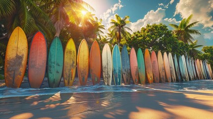 Colorful Surfboards Lined up on Tropical Beach at Sunset with Palm Trees