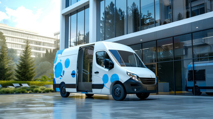 Modern Dry Cleaning Delivery Van Outside Business Office for Pickup Service