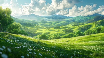 Sunlit Hills and Green Meadow Landscape