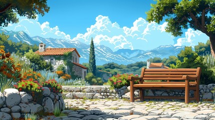 Obraz premium Rustic Wooden Bench in Front of an Old House With Greenery