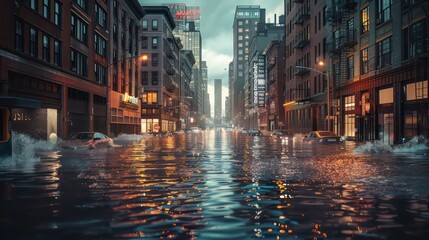 Lights and shadows of a modern city, cars in the street after rain, reflections on wet asphalt, photorealistic illustration