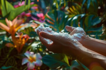 Hands Applying Moisturizing Cream Amidst Vibrant Tropical Plants for Skincare and Wellness Concept