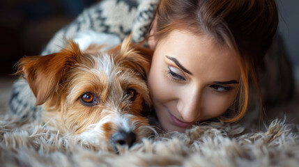 A pet owner playing with their dog indoors, showcasing a loving bond and interaction