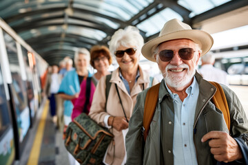 group happy elderly people traveling. Generative AI