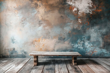 Rustic wooden bench in front of abstract art texture wall with wooden floor interior