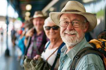 Fototapeta premium group happy elderly people traveling. Generative AI