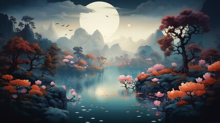 A Tranquil Evening by a Blossoming Lake with a Full Moon