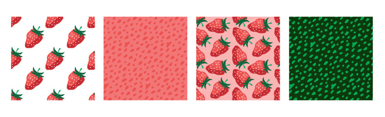 Strawberry seamless pattern set of four. Hand drawn vector Doodle print with Red Berry background and abstract patterns. Berry organic food for dessert menu, wallpaper, textile, wrapping, Основные RGB