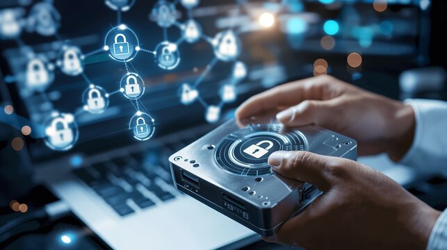 Network security concept with encrypted hard drive. Perfect for technology and cybersecurity, illustrating concepts of data protection and information safety.