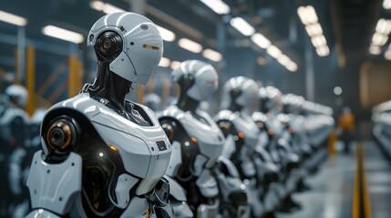 Assembly line robots in a factory. Emphasizes automation, robotics technology, and efficiency in modern manufacturing. Suitable for industrial and tech sector content.