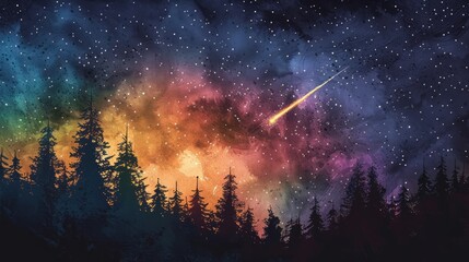 A vibrant Perseid meteor streaks across a clear midnight sky illuminating the serene silhouette of a secluded forest, watercolor