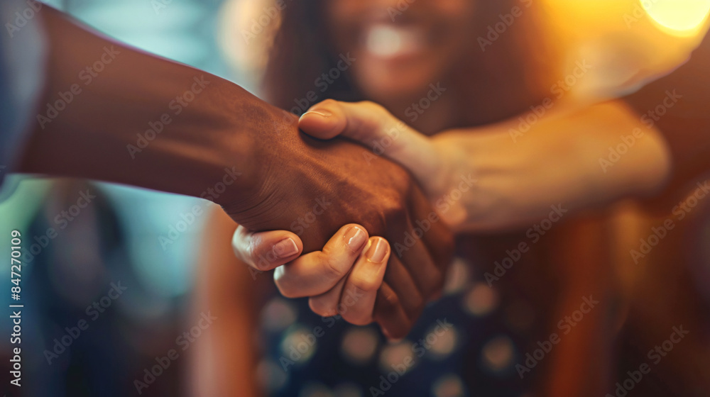 Poster Close-up of a handshake between two people from different ethnicities, symbolizing unity
