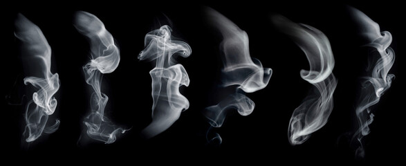 Fog or smoke set isolated on black background. White cloudiness, mist or smog background.