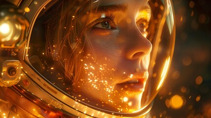 Female Astronaut Illuminated by Golden Space Particles - ai generative