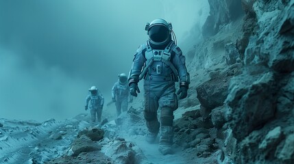 Astronauts Exploring Rocky and Misty Terrain on Alien Planet - ai generative