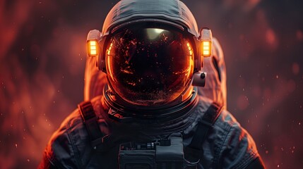 Close-Up of Astronaut Helmet Reflecting Fiery Glow in Space - ai generative