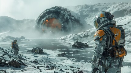 Astronauts Discovering Alien Structure on Icy Planet - ai generative