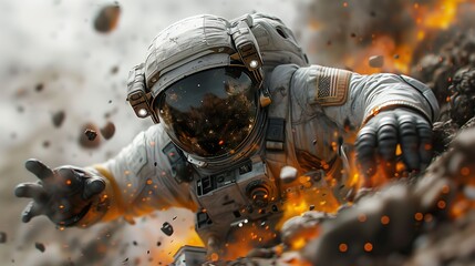 Astronaut Struggling Amidst Explosive Rocks and Fire on Alien Terrain - ai generative
