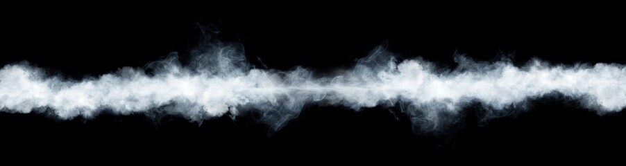 Panoramic view of the abstract fog or smoke move on black background. White cloudiness, mist or...