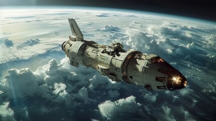 Futuristic Spaceship Orbiting Earth Above the Clouds - ai generative
