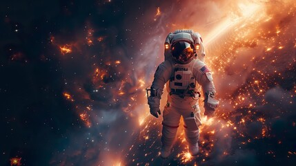 Astronaut Floating in Fiery Cosmic Space with Stars and Flames - ai generative