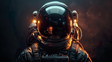 Close-Up of Astronaut Helmet Reflecting Warm Light in Dark Space - ai generative