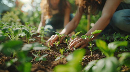 People planting in garden. Symbolizes growth, ecology, and sustainability, ideal for environmental campaigns and educational content.