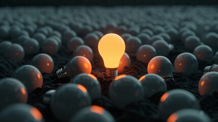 One of Lightbulb glowing among shutdown light bulb in dark area with copy space for creative thinking