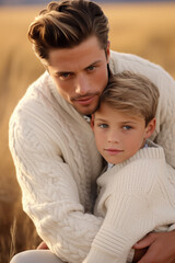 Fototapeta premium Portrait of father and son in knitted white sweaters