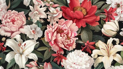 peonies and lilies floral pattern in a vintage print style ideal for backgrounds