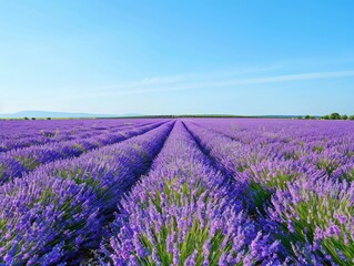 Fototapeta premium A scenic view of a lavender field in full bloom with a clear blue sky