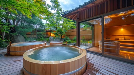 beautiful calm and cozy japanese spa baths, huge round wooden baths