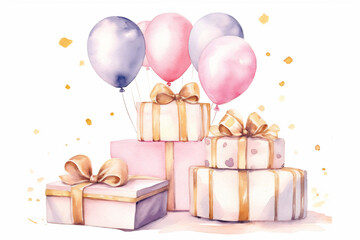 Watercolor illustration of pink and purple balloons with presents